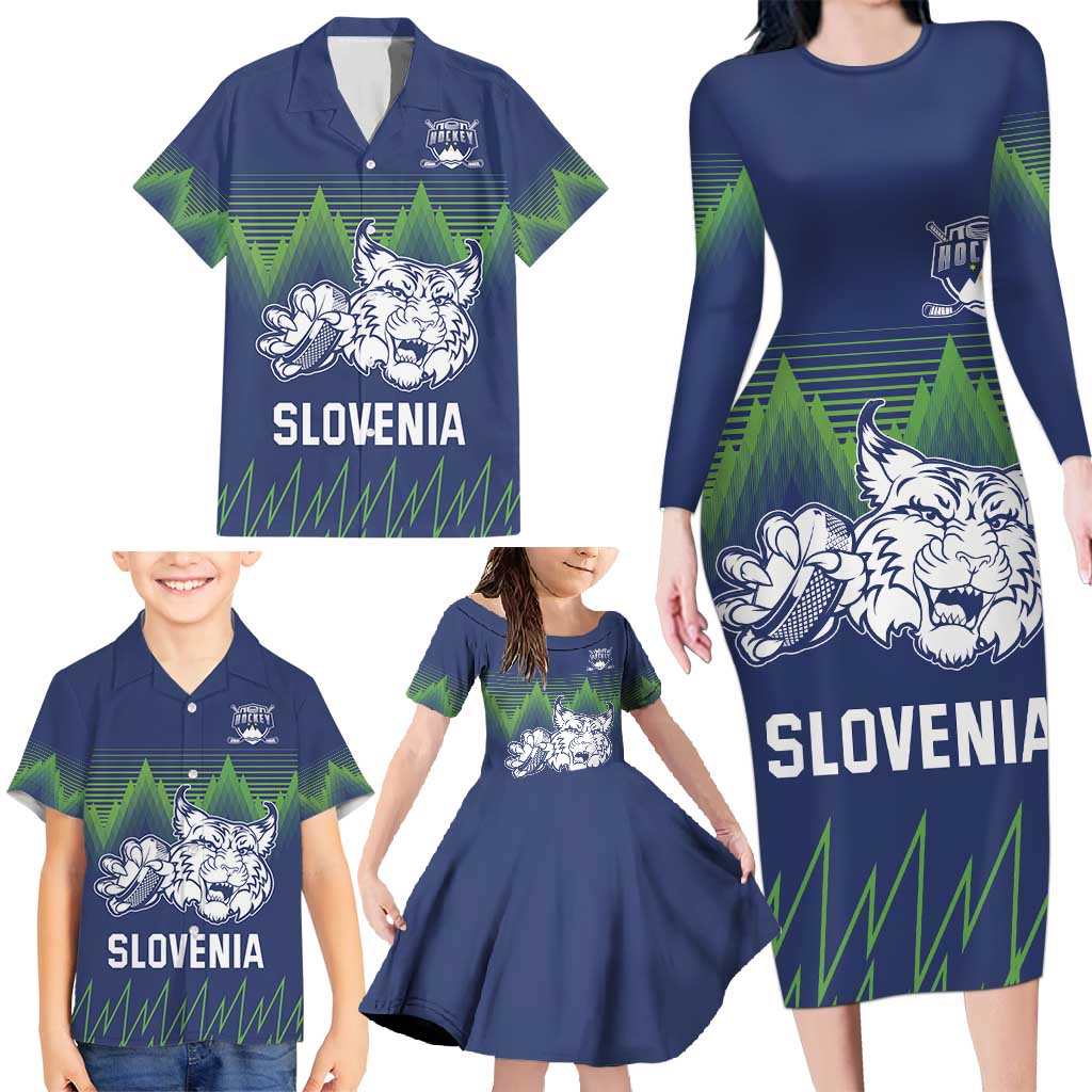 Custom Slovenia Hockey Family Matching Long Sleeve Bodycon Dress and Hawaiian Shirt Slovenija Lynx Mascot