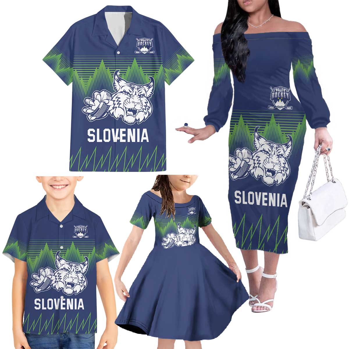 Custom Slovenia Hockey Family Matching Off The Shoulder Long Sleeve Dress and Hawaiian Shirt Slovenija Lynx Mascot