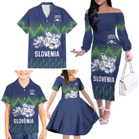 Custom Slovenia Hockey Family Matching Off The Shoulder Long Sleeve Dress and Hawaiian Shirt Slovenija Lynx Mascot