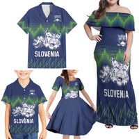 Custom Slovenia Hockey Family Matching Off Shoulder Maxi Dress and Hawaiian Shirt Slovenija Lynx Mascot