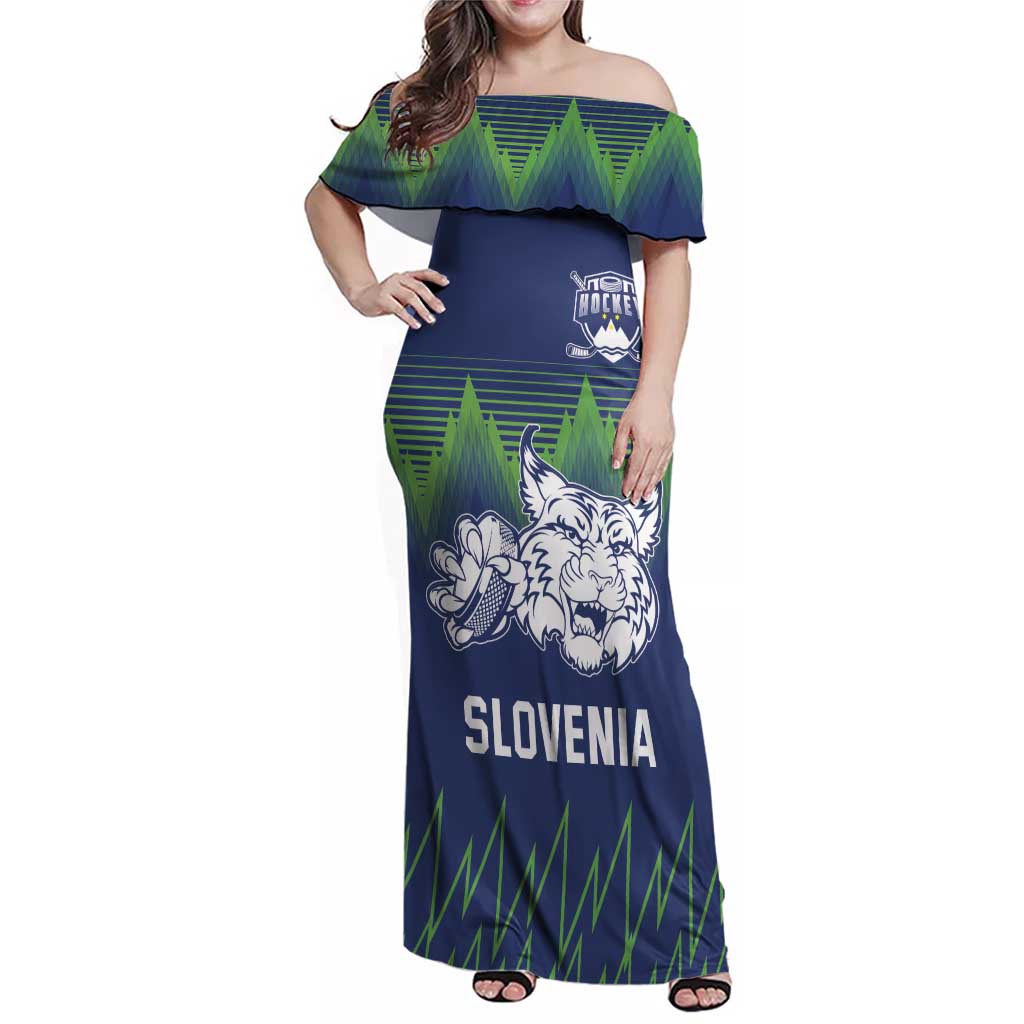 Custom Slovenia Hockey Family Matching Off Shoulder Maxi Dress and Hawaiian Shirt Slovenija Lynx Mascot