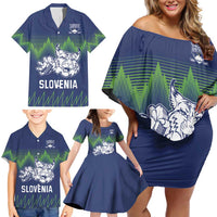 Custom Slovenia Hockey Family Matching Off Shoulder Short Dress and Hawaiian Shirt Slovenija Lynx Mascot