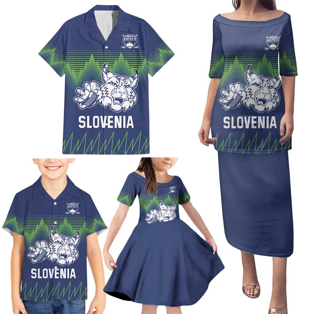 Custom Slovenia Hockey Family Matching Puletasi and Hawaiian Shirt Slovenija Lynx Mascot