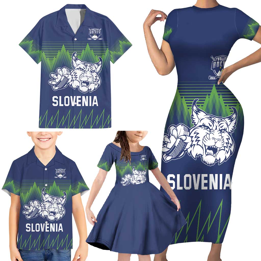 Custom Slovenia Hockey Family Matching Short Sleeve Bodycon Dress and Hawaiian Shirt Slovenija Lynx Mascot