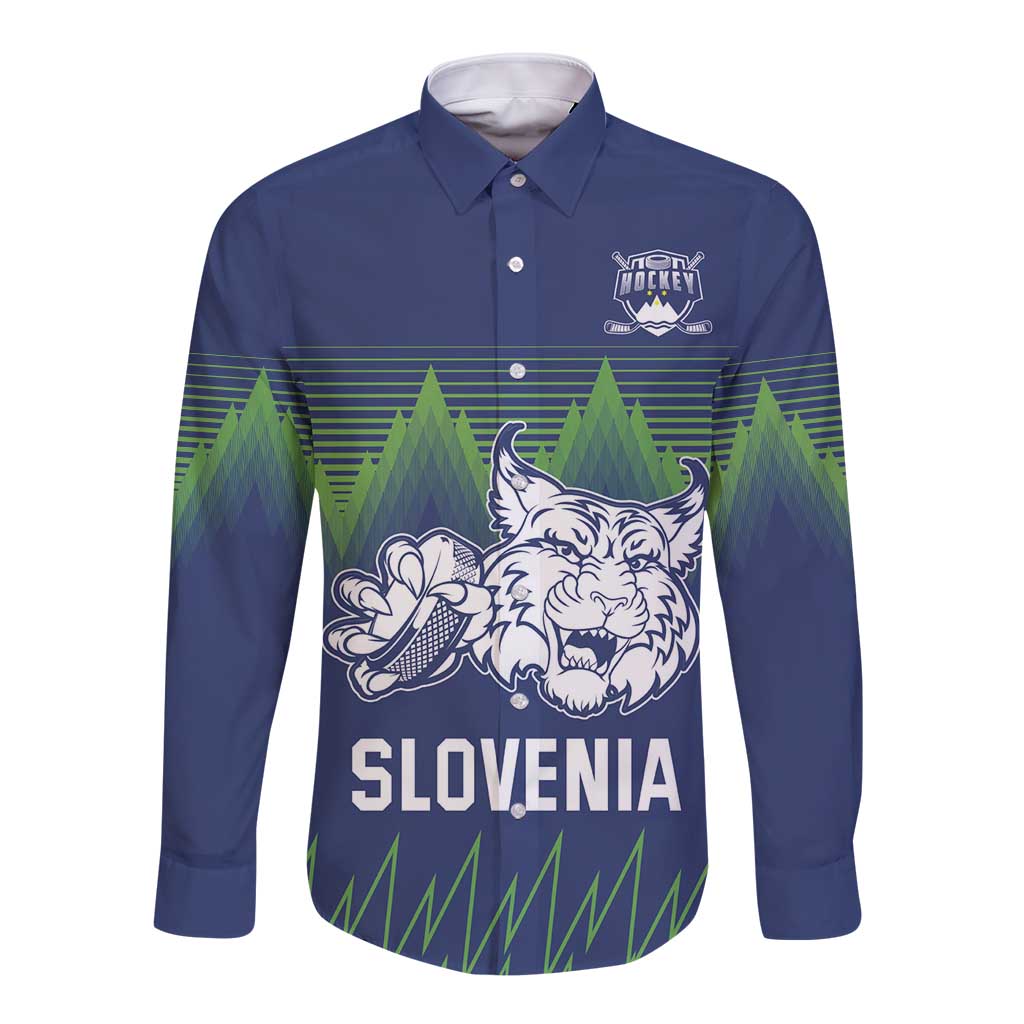 Custom Slovenia Hockey Long Sleeve Button Shirt Slovenija Lynx Mascot