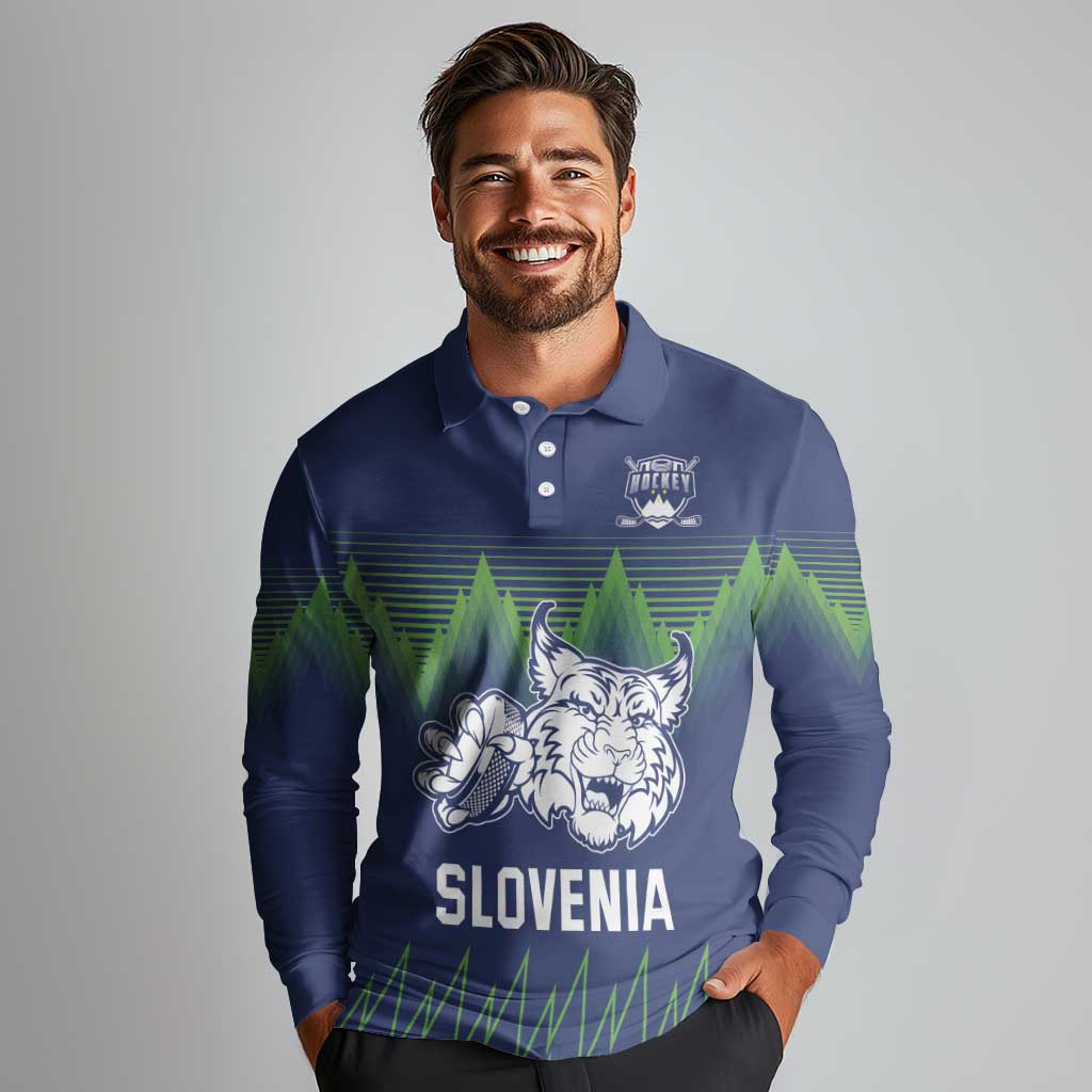 Custom Slovenia Hockey Long Sleeve Polo Shirt Slovenija Lynx Mascot
