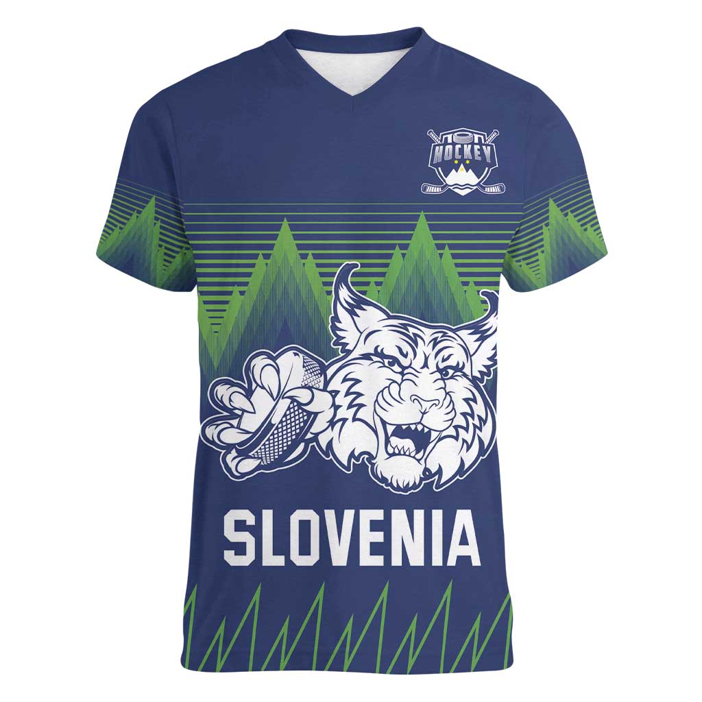 Custom Slovenia Hockey Women V-Neck T-Shirt Slovenija Lynx Mascot