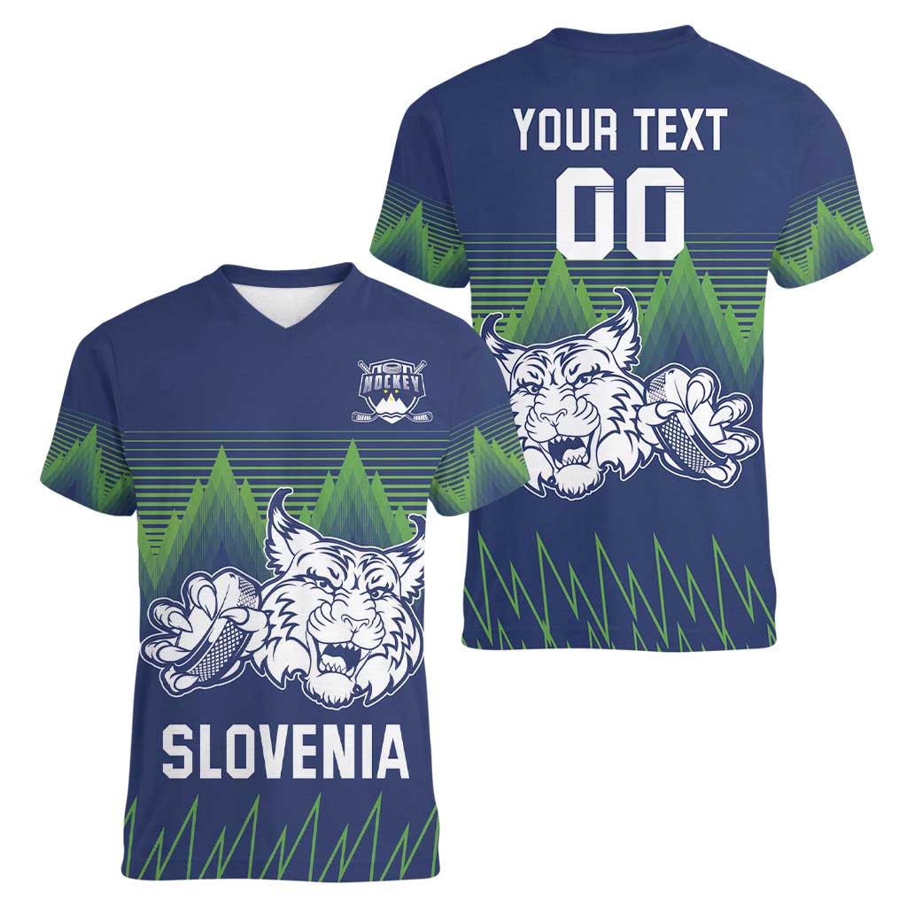 Custom Slovenia Hockey Women V-Neck T-Shirt Slovenija Lynx Mascot