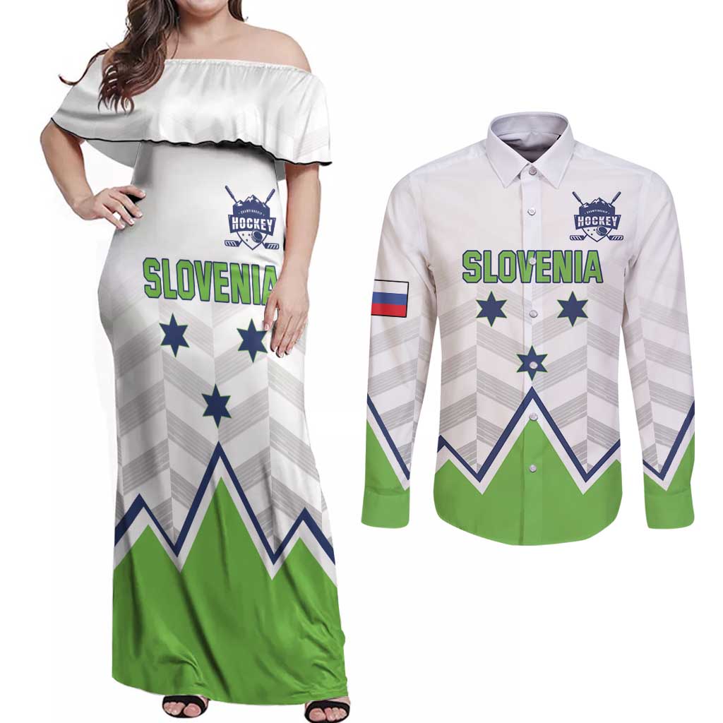 Custom Slovenia Hockey Couples Matching Off Shoulder Maxi Dress and Long Sleeve Button Shirt Risi Go Champions