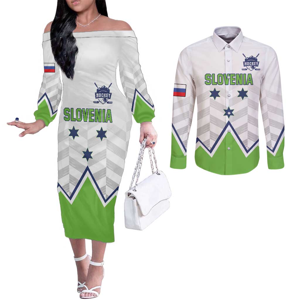 Custom Slovenia Hockey Couples Matching Off The Shoulder Long Sleeve Dress and Long Sleeve Button Shirt Risi Go Champions