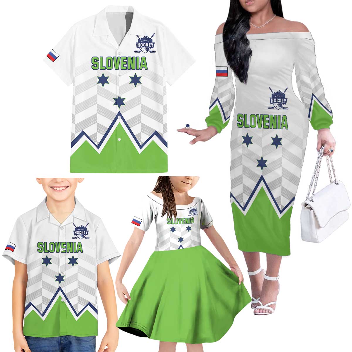 Custom Slovenia Hockey Family Matching Off The Shoulder Long Sleeve Dress and Hawaiian Shirt Risi Go Champions
