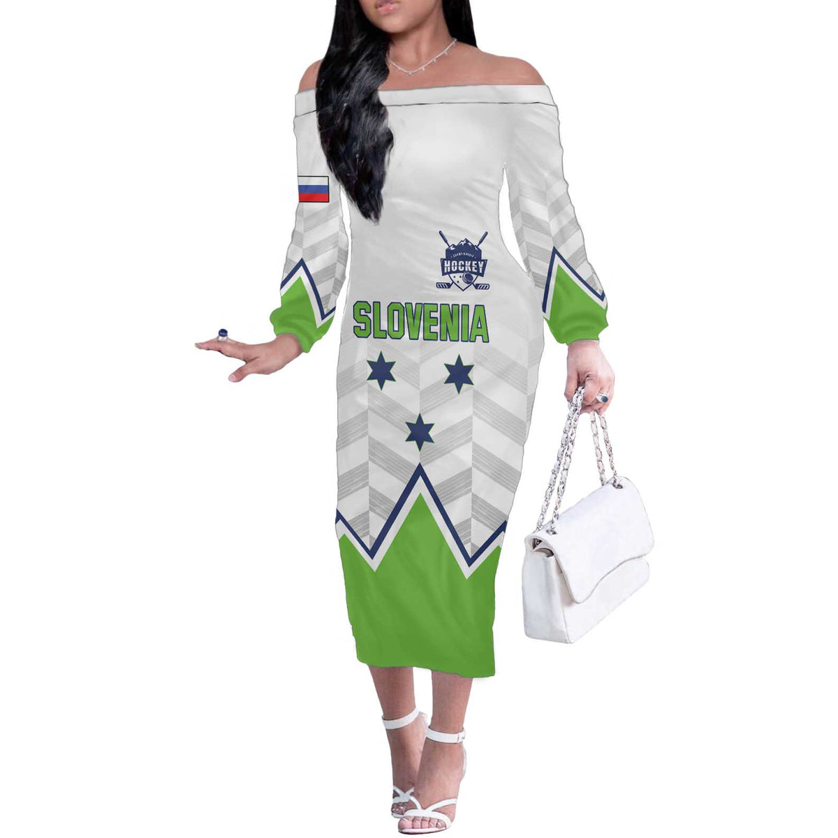 Custom Slovenia Hockey Off The Shoulder Long Sleeve Dress Risi Go Champions