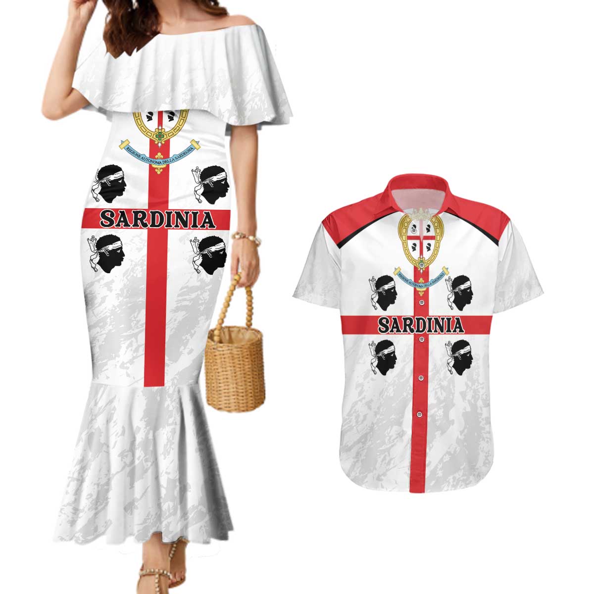 Personalized Sardinia Couples Matching Mermaid Dress and Hawaiian Shirt Flag Style