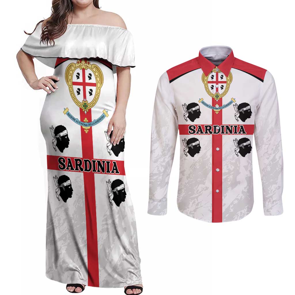 Personalized Sardinia Couples Matching Off Shoulder Maxi Dress and Long Sleeve Button Shirt Flag Style