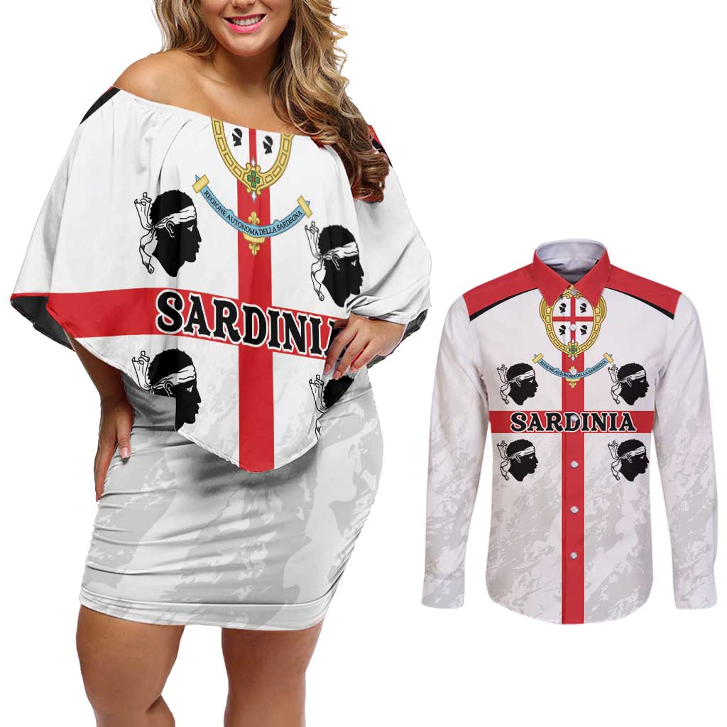 Personalized Sardinia Couples Matching Off Shoulder Short Dress and Long Sleeve Button Shirt Flag Style