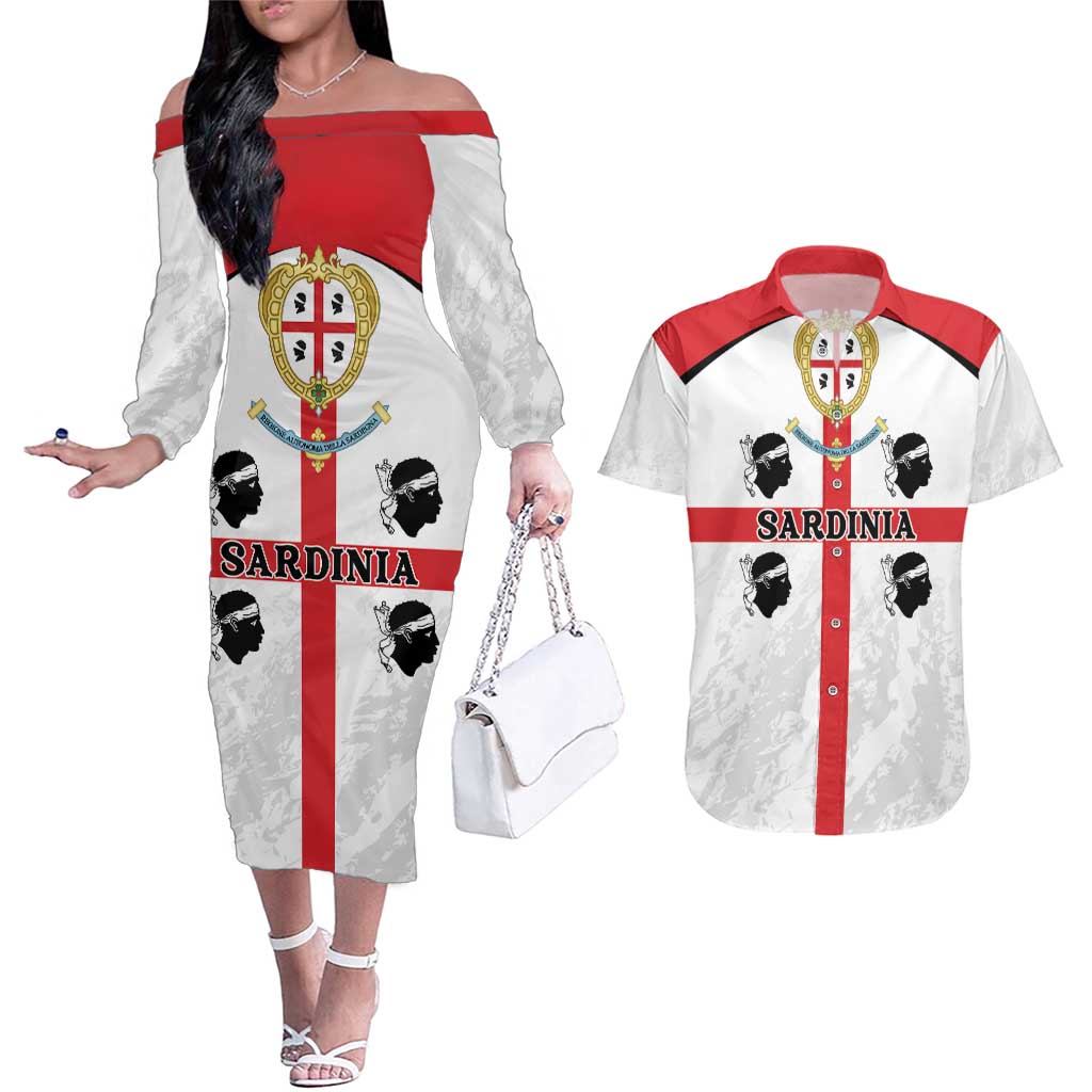 Personalized Sardinia Couples Matching Off The Shoulder Long Sleeve Dress and Hawaiian Shirt Flag Style