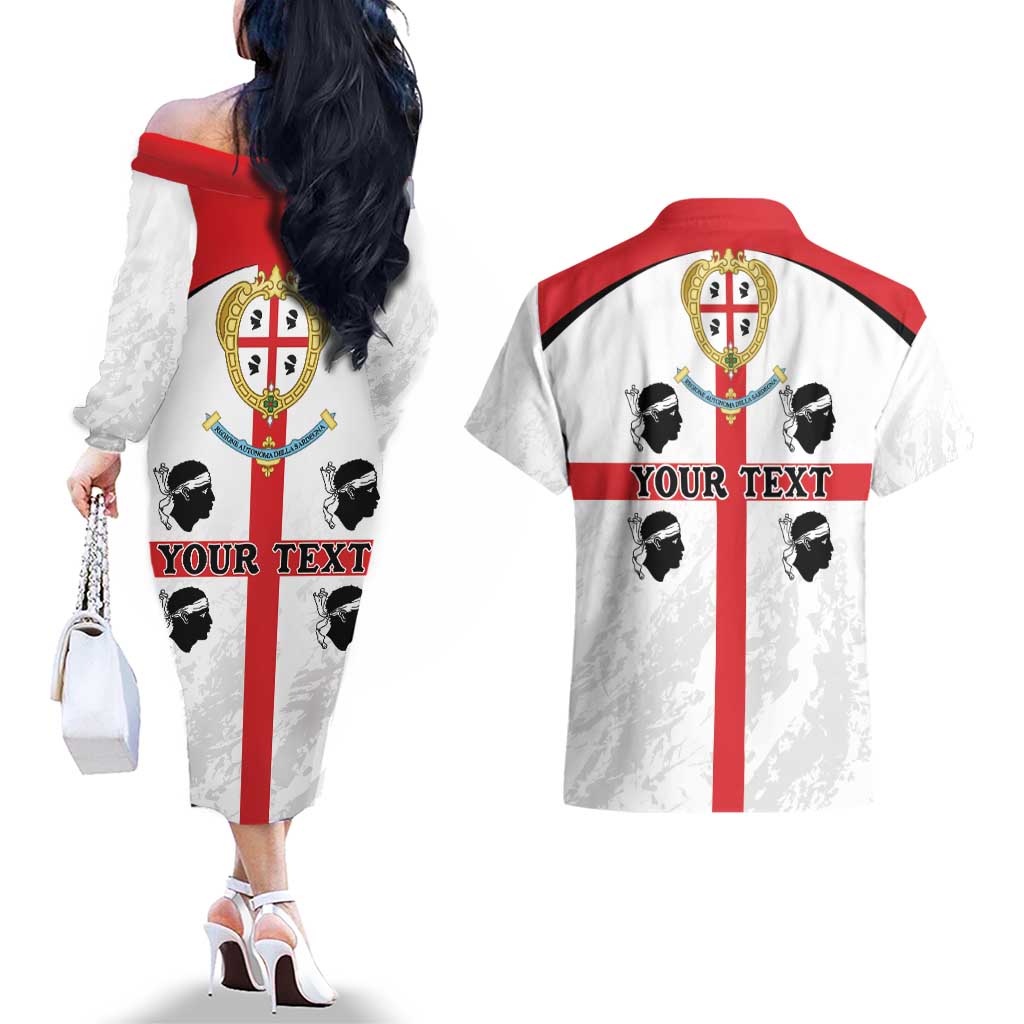 Personalized Sardinia Couples Matching Off The Shoulder Long Sleeve Dress and Hawaiian Shirt Flag Style