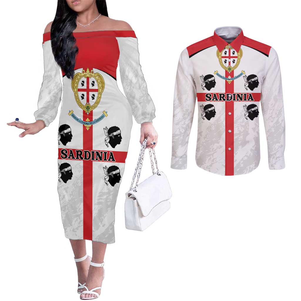 Personalized Sardinia Couples Matching Off The Shoulder Long Sleeve Dress and Long Sleeve Button Shirt Flag Style