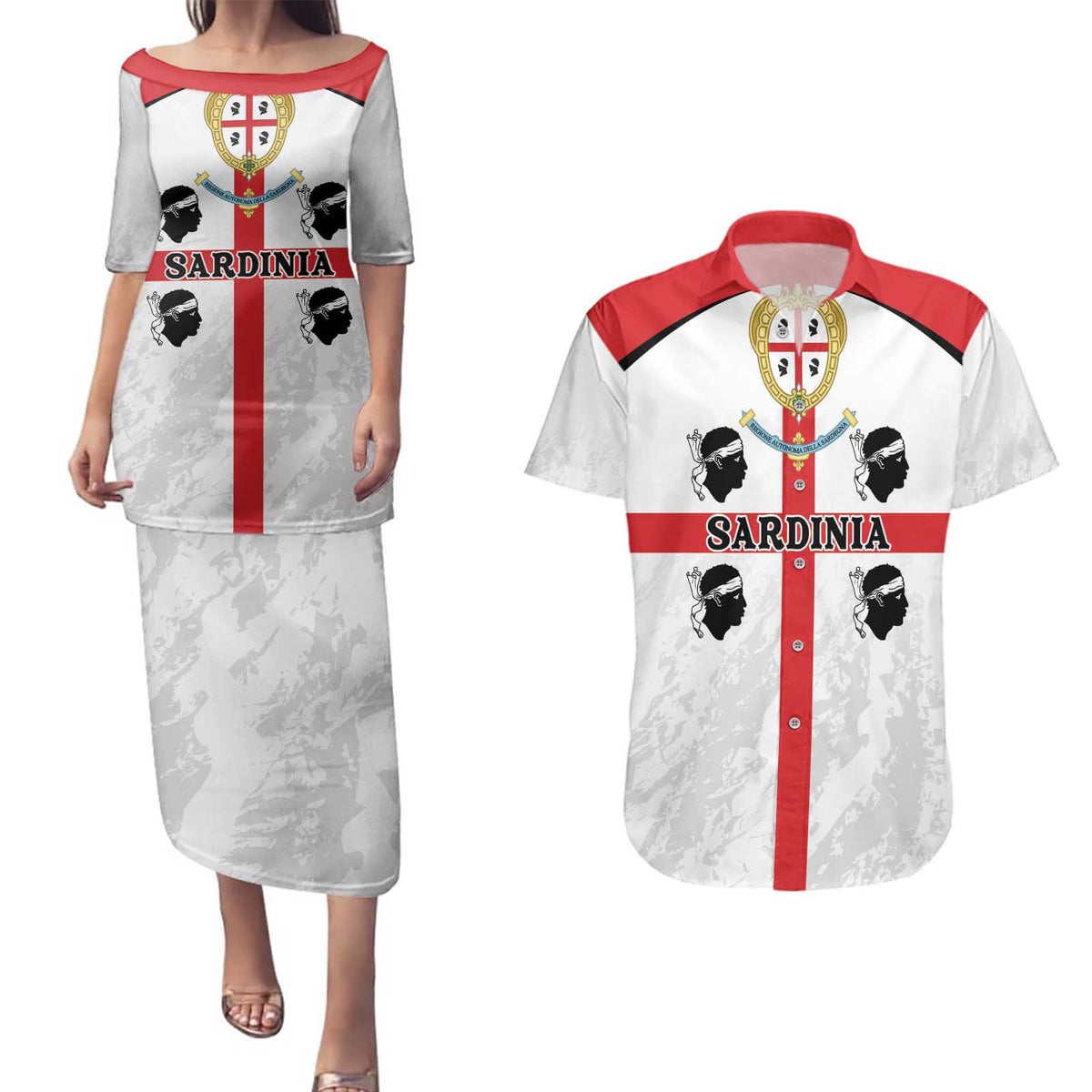 Personalized Sardinia Couples Matching Puletasi and Hawaiian Shirt Flag Style