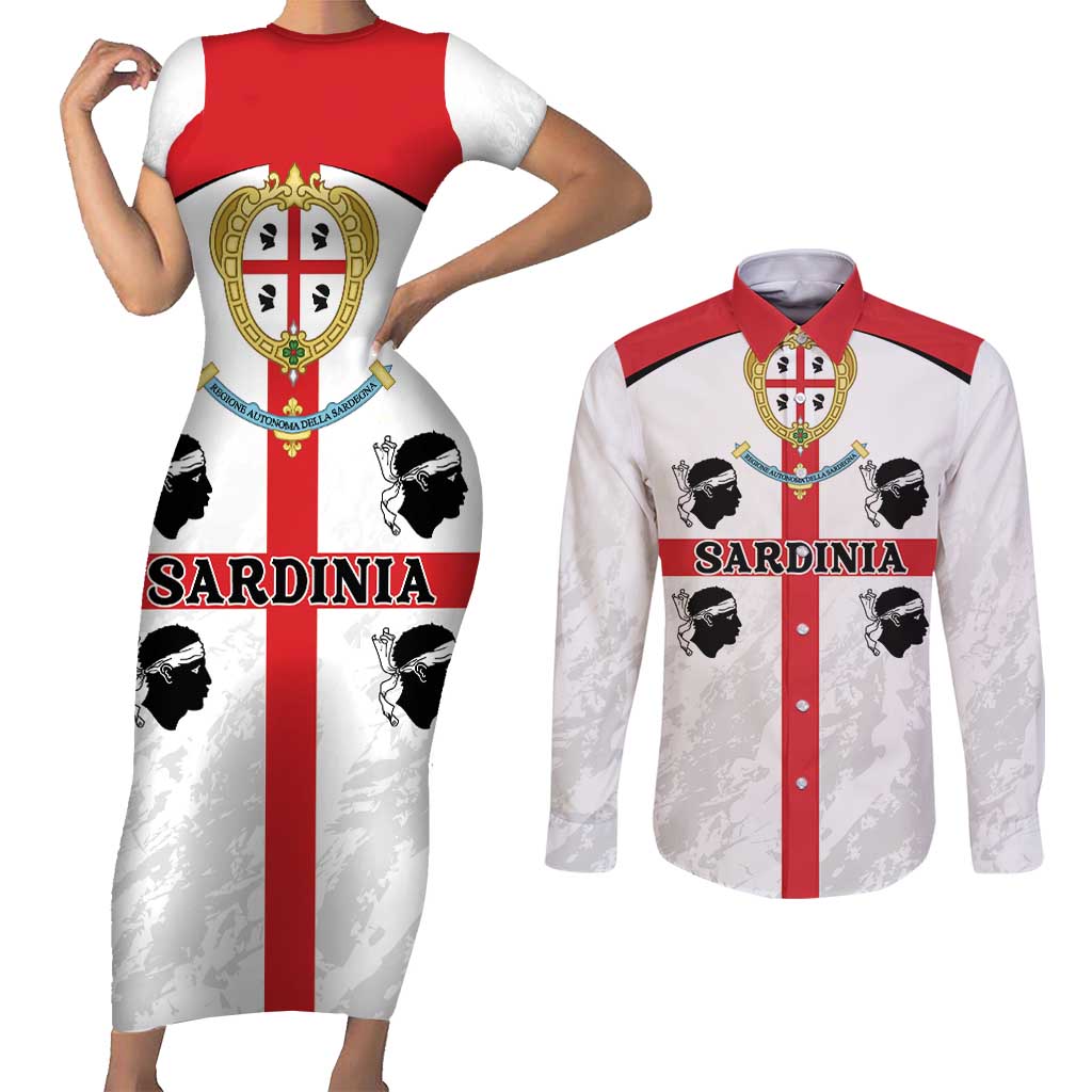 Personalized Sardinia Couples Matching Short Sleeve Bodycon Dress and Long Sleeve Button Shirt Flag Style