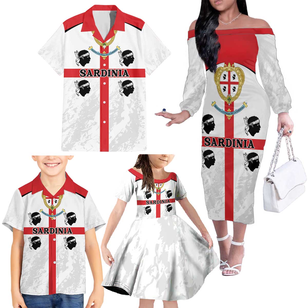 Personalized Sardinia Family Matching Off The Shoulder Long Sleeve Dress and Hawaiian Shirt Flag Style