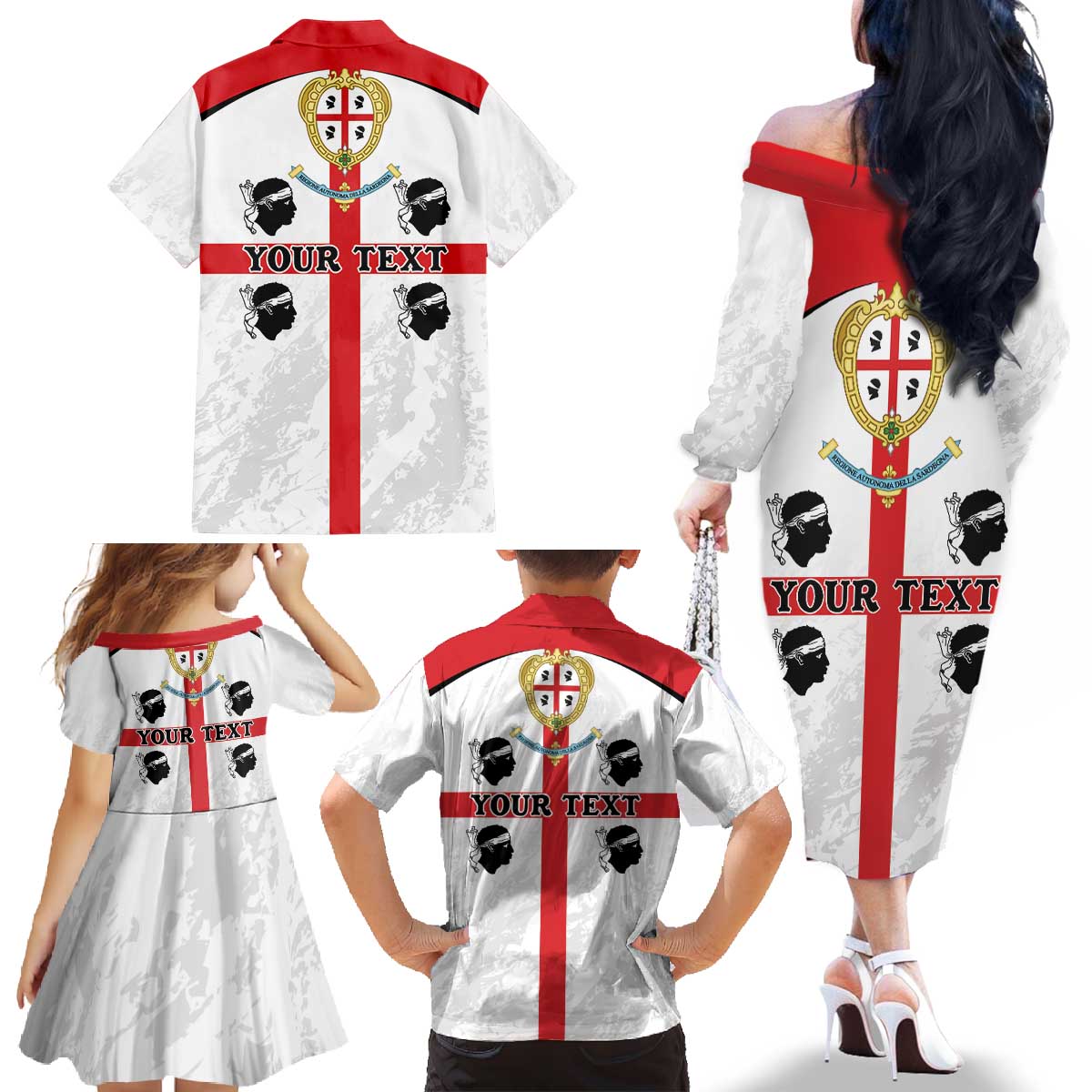 Personalized Sardinia Family Matching Off The Shoulder Long Sleeve Dress and Hawaiian Shirt Flag Style