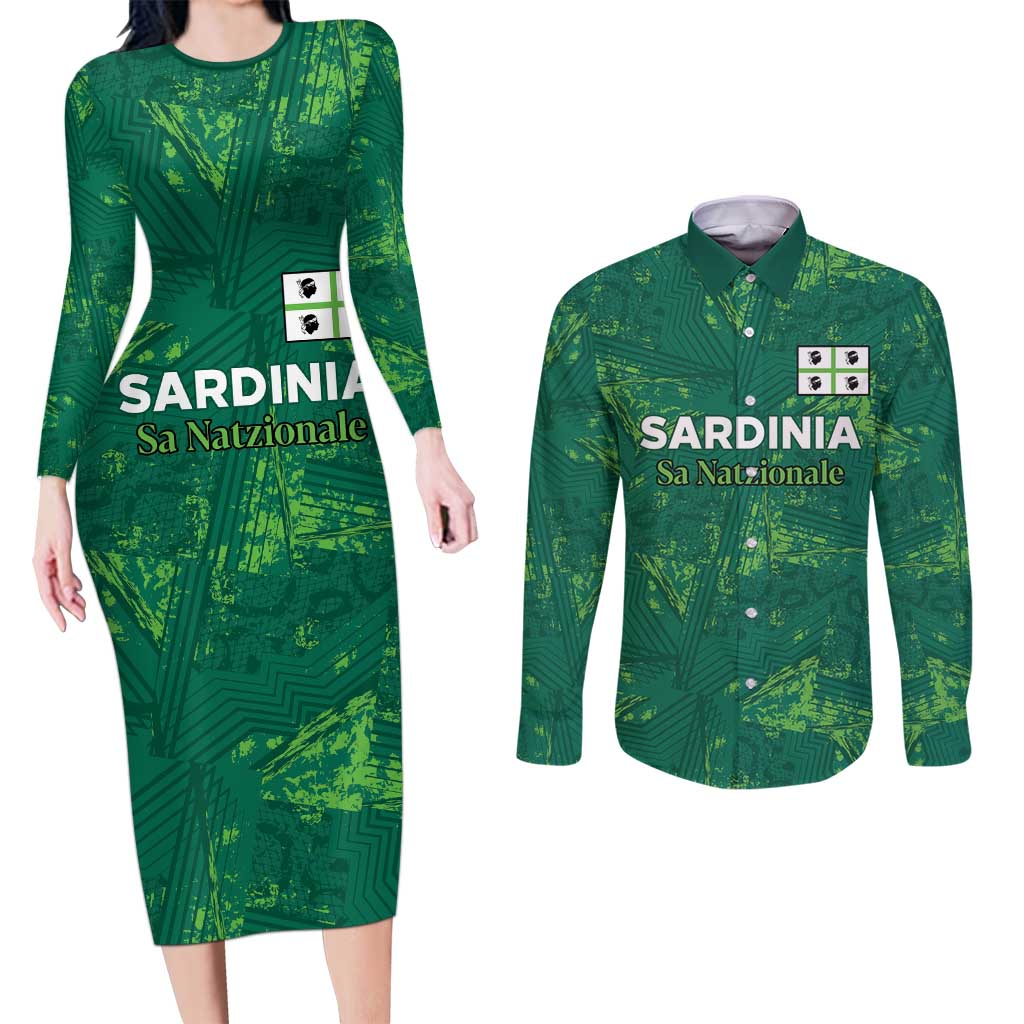 Custom Sardinia Football Couples Matching Long Sleeve Bodycon Dress and Long Sleeve Button Shirt Natzionale sarda de Bocia