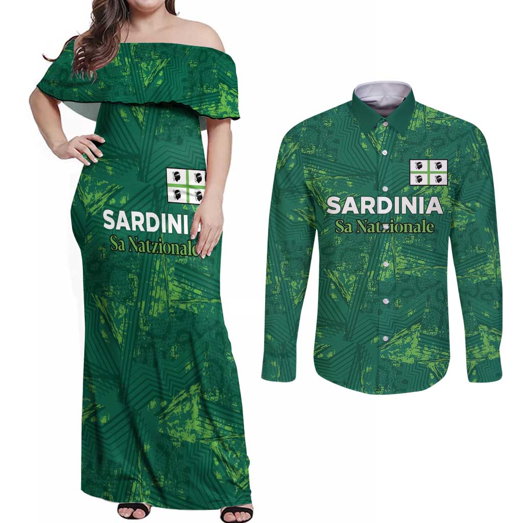 Custom Sardinia Football Couples Matching Off Shoulder Maxi Dress and Long Sleeve Button Shirt Natzionale sarda de Bocia