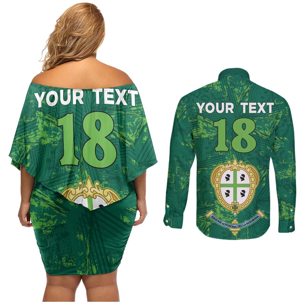 Custom Sardinia Football Couples Matching Off Shoulder Short Dress and Long Sleeve Button Shirt Natzionale sarda de Bocia