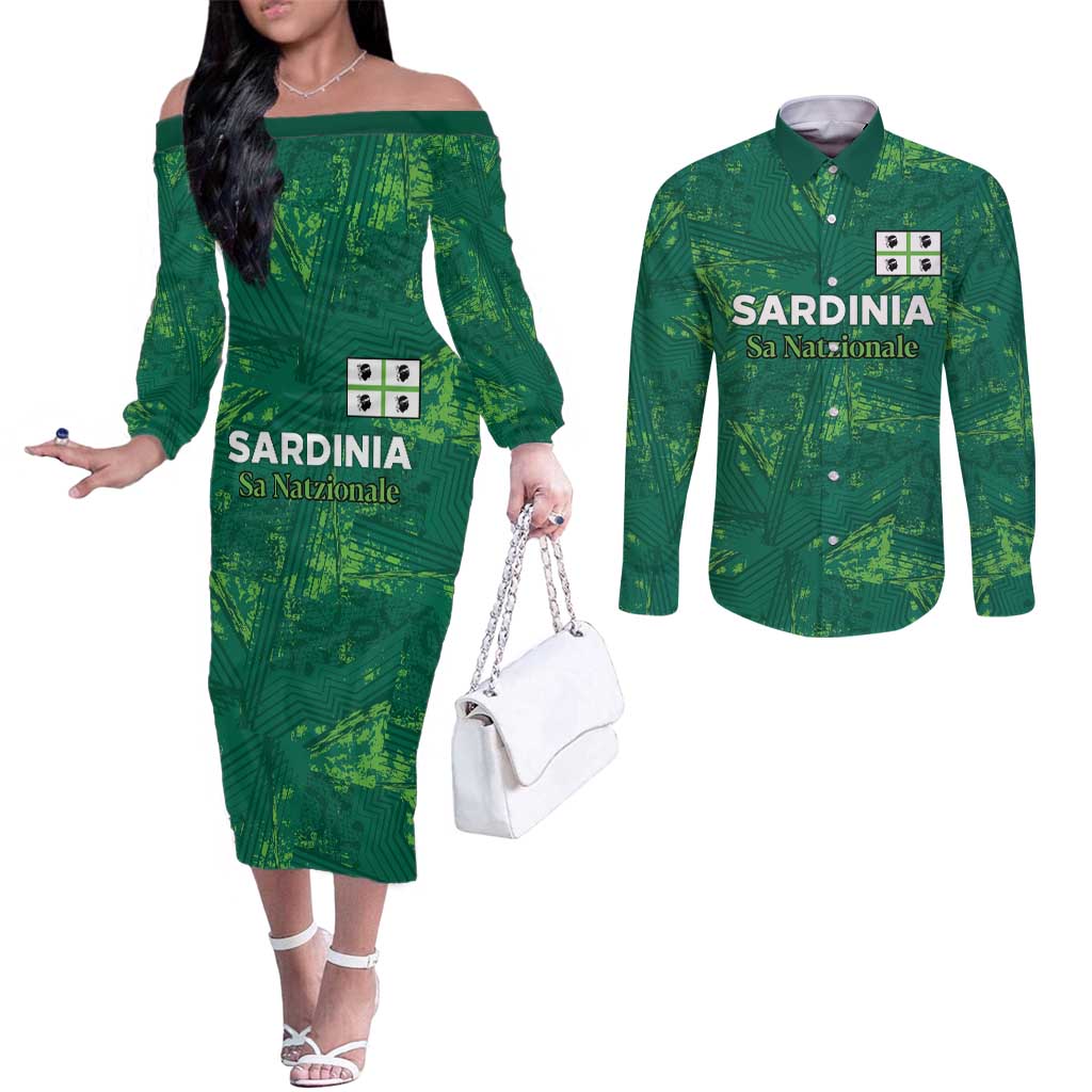 Custom Sardinia Football Couples Matching Off The Shoulder Long Sleeve Dress and Long Sleeve Button Shirt Natzionale sarda de Bocia