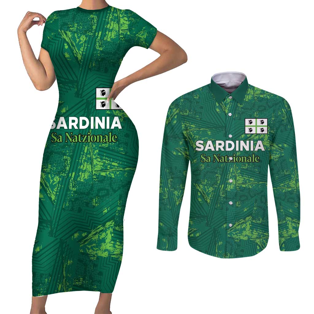 Custom Sardinia Football Couples Matching Short Sleeve Bodycon Dress and Long Sleeve Button Shirt Natzionale sarda de Bocia