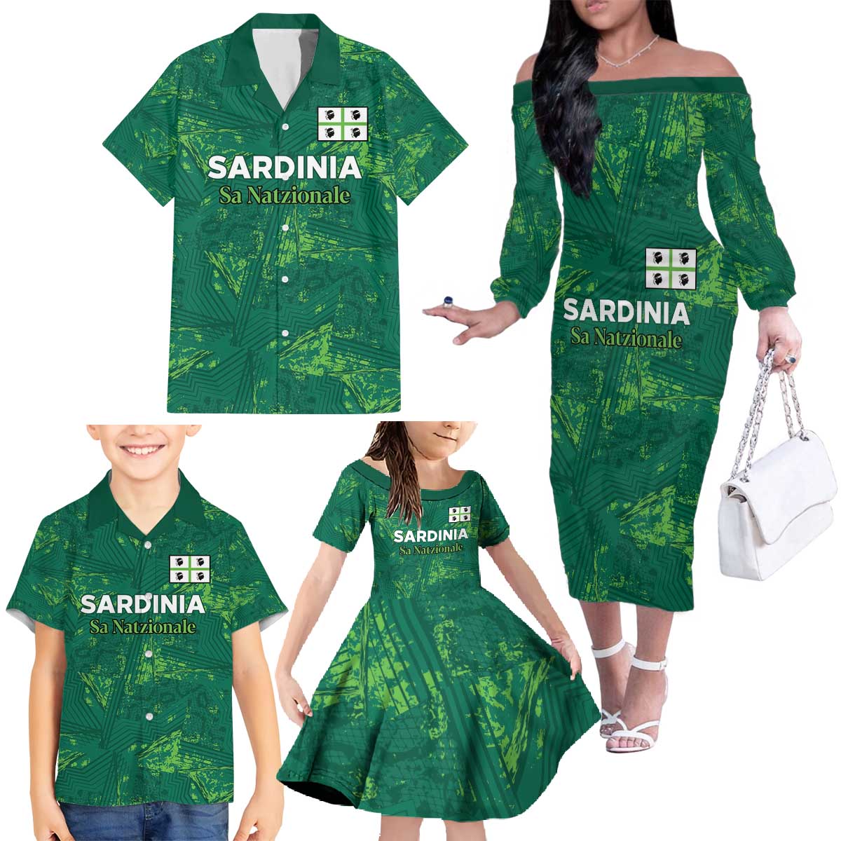 Custom Sardinia Football Family Matching Off The Shoulder Long Sleeve Dress and Hawaiian Shirt Natzionale sarda de Bocia
