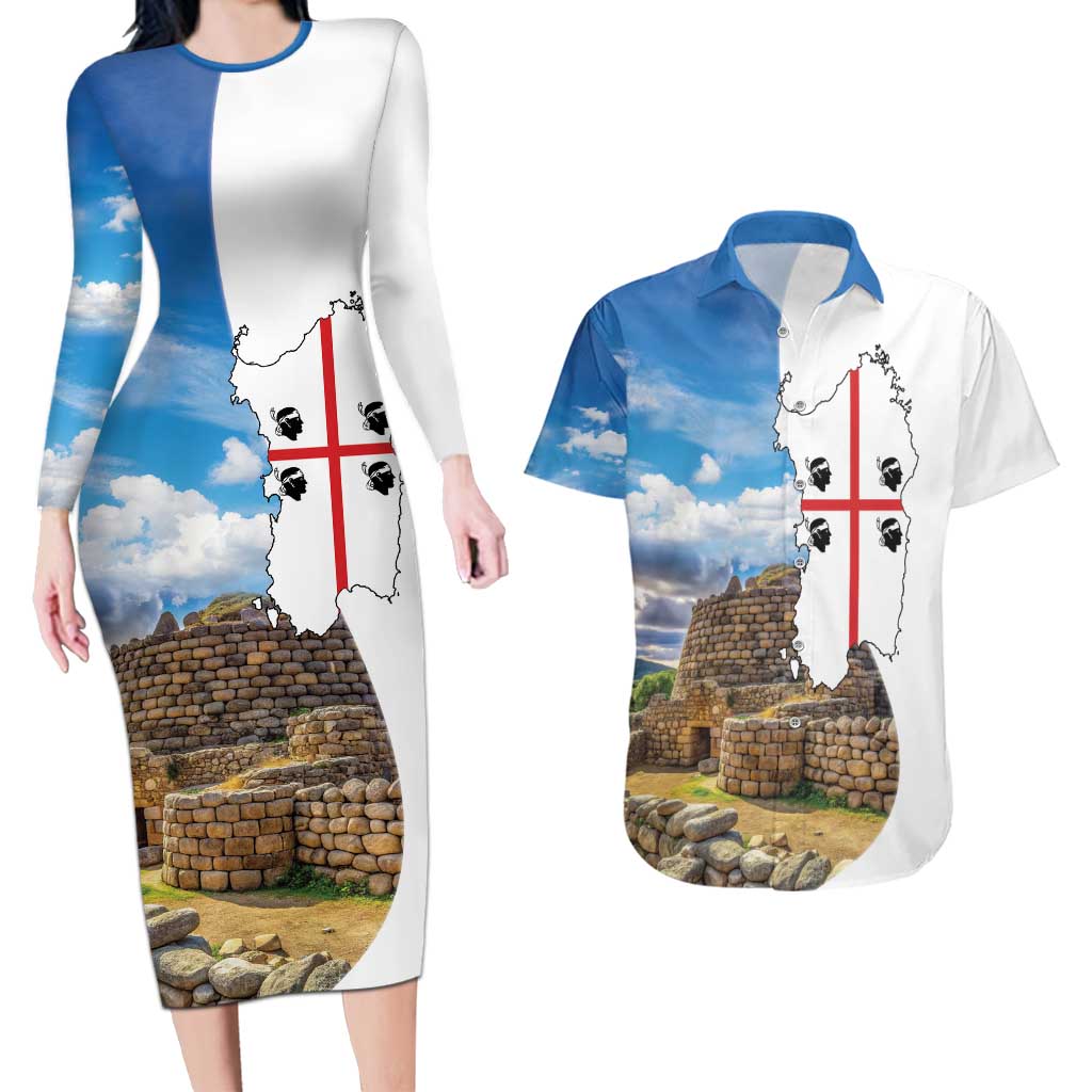 Sardinia Italy Couples Matching Long Sleeve Bodycon Dress and Hawaiian Shirt Santu Antine With Map