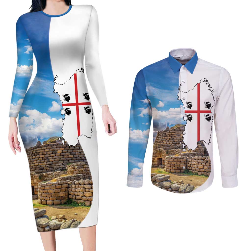 Sardinia Italy Couples Matching Long Sleeve Bodycon Dress and Long Sleeve Button Shirt Santu Antine With Map