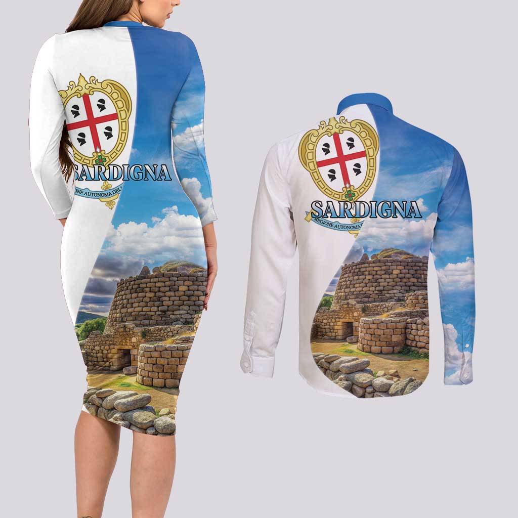 Sardinia Italy Couples Matching Long Sleeve Bodycon Dress and Long Sleeve Button Shirt Santu Antine With Map