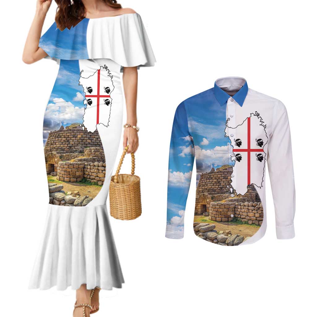 Sardinia Italy Couples Matching Mermaid Dress and Long Sleeve Button Shirt Santu Antine With Map