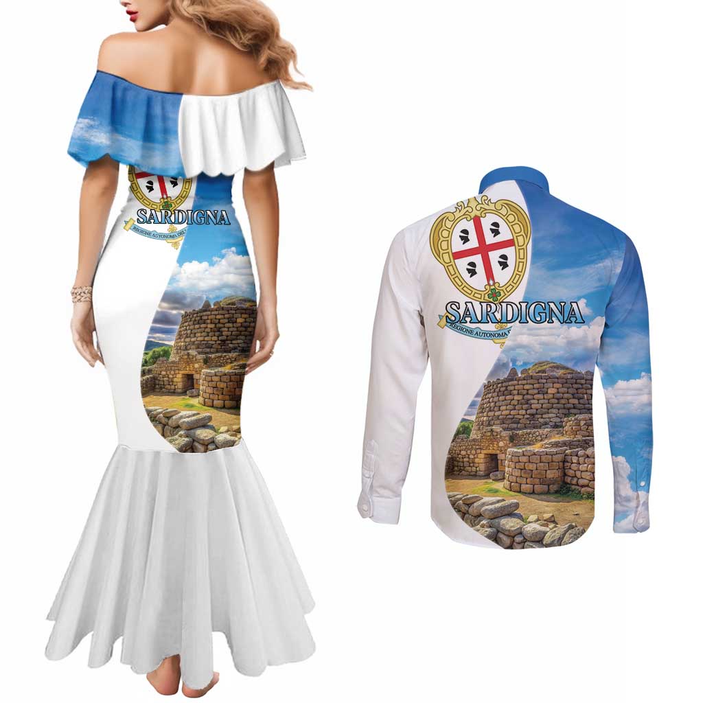 Sardinia Italy Couples Matching Mermaid Dress and Long Sleeve Button Shirt Santu Antine With Map