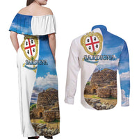 Sardinia Italy Couples Matching Off Shoulder Maxi Dress and Long Sleeve Button Shirt Santu Antine With Map
