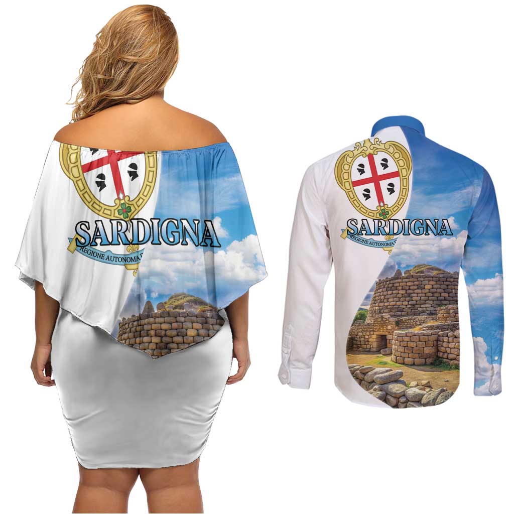 Sardinia Italy Couples Matching Off Shoulder Short Dress and Long Sleeve Button Shirt Santu Antine With Map