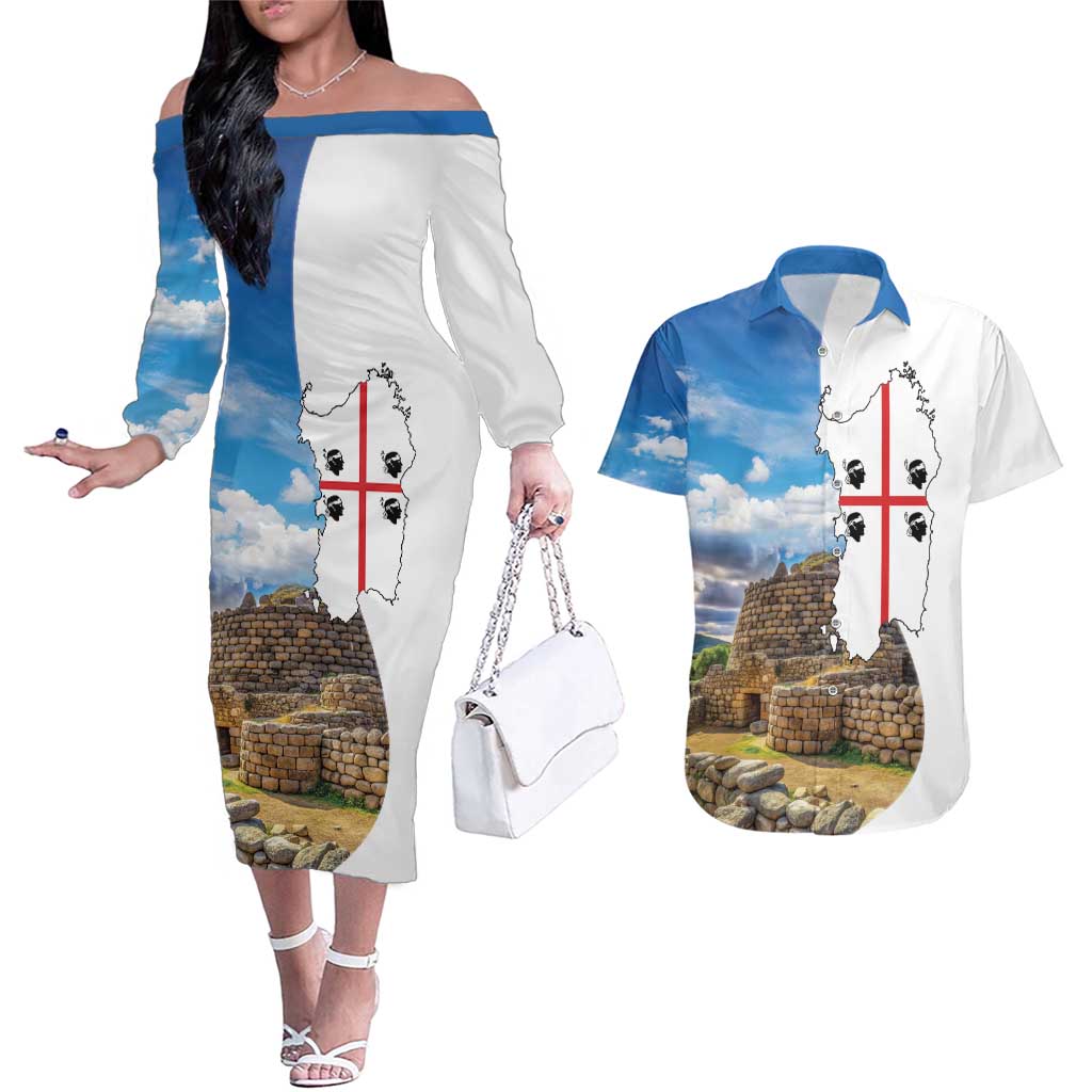 Sardinia Italy Couples Matching Off The Shoulder Long Sleeve Dress and Hawaiian Shirt Santu Antine With Map