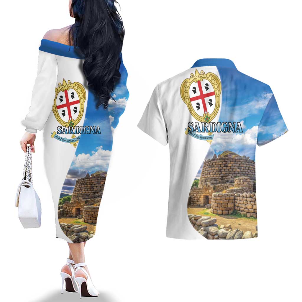 Sardinia Italy Couples Matching Off The Shoulder Long Sleeve Dress and Hawaiian Shirt Santu Antine With Map