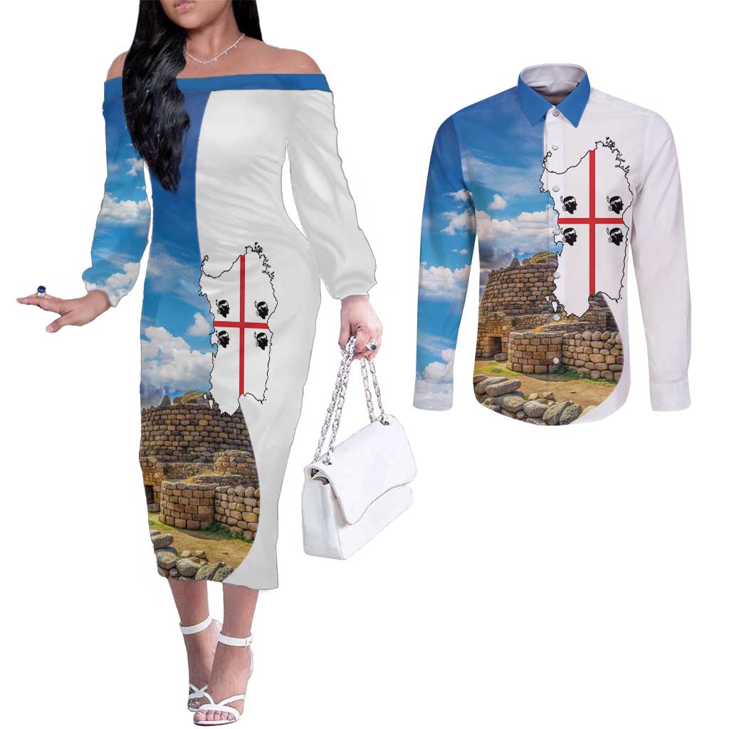 Sardinia Italy Couples Matching Off The Shoulder Long Sleeve Dress and Long Sleeve Button Shirt Santu Antine With Map