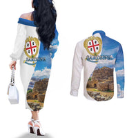 Sardinia Italy Couples Matching Off The Shoulder Long Sleeve Dress and Long Sleeve Button Shirt Santu Antine With Map