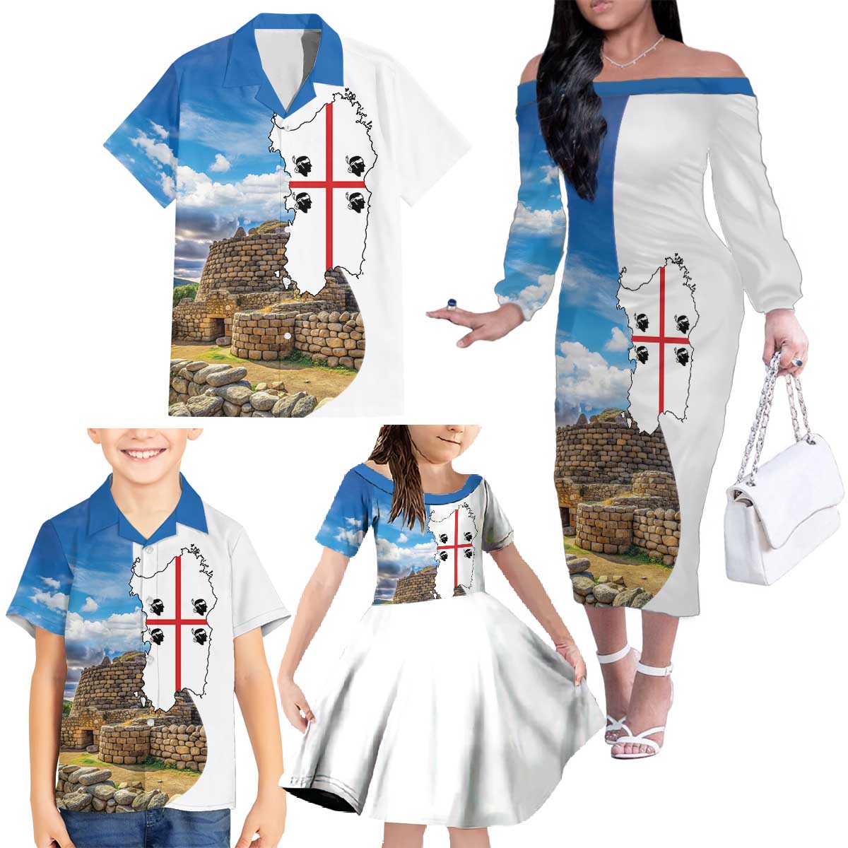 Sardinia Italy Family Matching Off The Shoulder Long Sleeve Dress and Hawaiian Shirt Santu Antine With Map