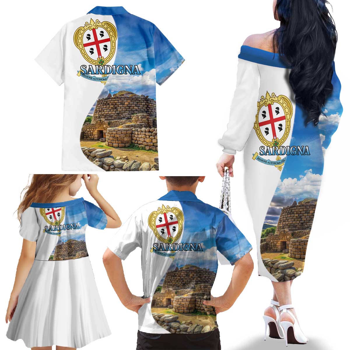 Sardinia Italy Family Matching Off The Shoulder Long Sleeve Dress and Hawaiian Shirt Santu Antine With Map