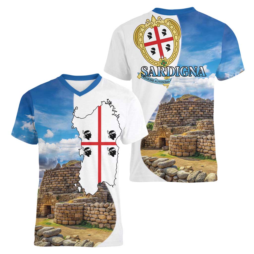 Sardinia Italy Women V-Neck T-Shirt Santu Antine With Map