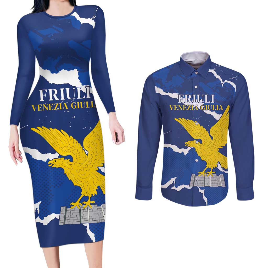 Friuli-Venezia Giulia Couples Matching Long Sleeve Bodycon Dress and Long Sleeve Button Shirt Coat Of Arms Sporty Style