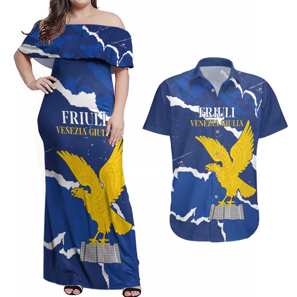Friuli-Venezia Giulia Couples Matching Off Shoulder Maxi Dress and Hawaiian Shirt Coat Of Arms Sporty Style