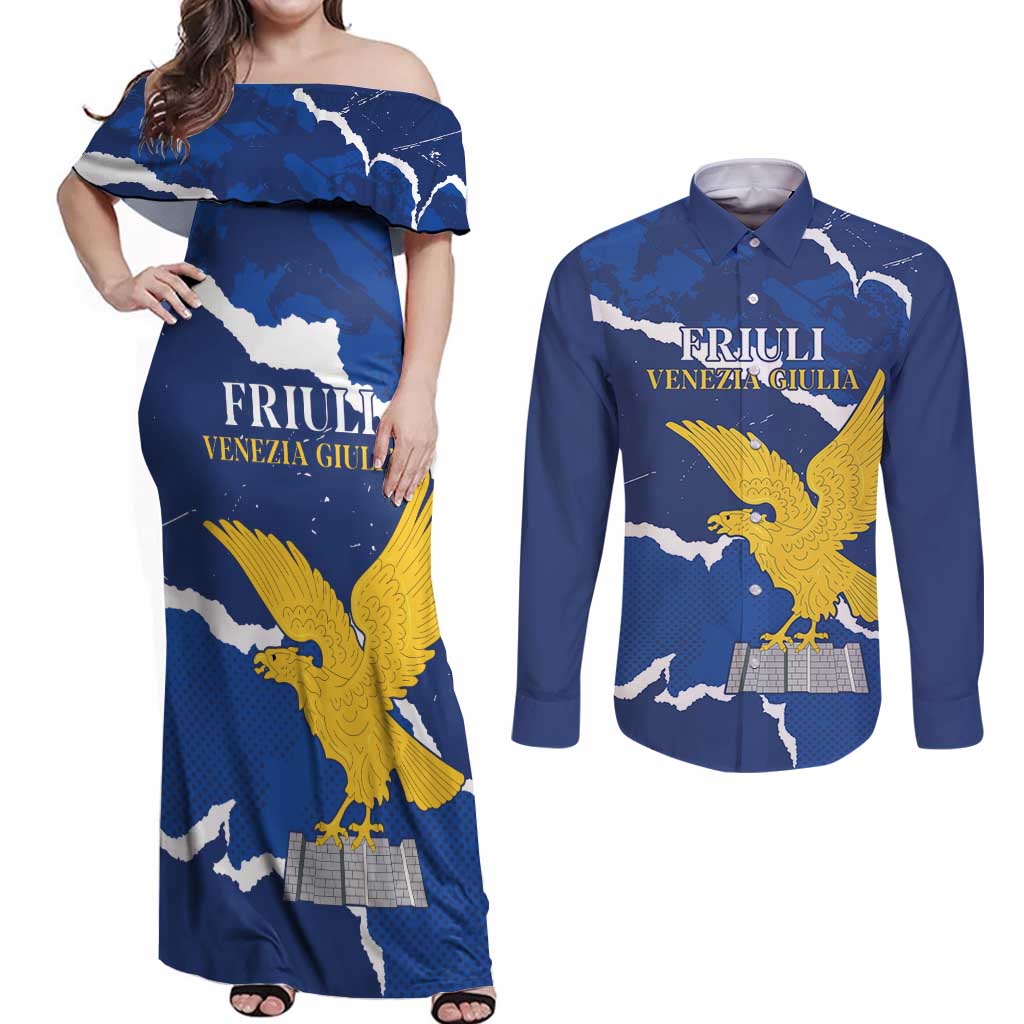 Friuli-Venezia Giulia Couples Matching Off Shoulder Maxi Dress and Long Sleeve Button Shirt Coat Of Arms Sporty Style