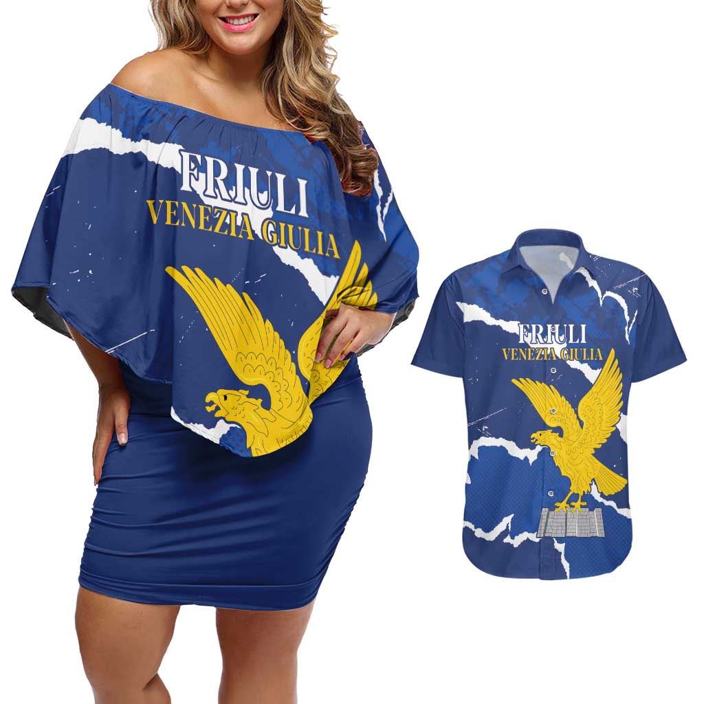 Friuli-Venezia Giulia Couples Matching Off Shoulder Short Dress and Hawaiian Shirt Coat Of Arms Sporty Style